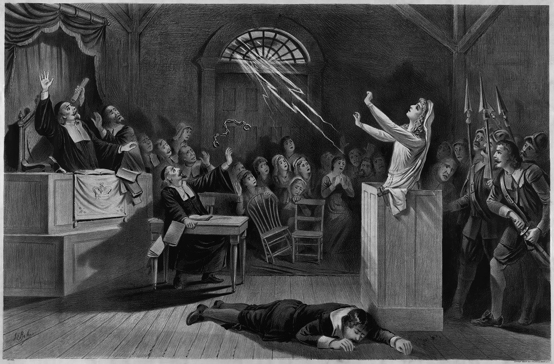 Representaciu00f3n de los juicios de las brujas de Salem, litografu00eda de 1892.