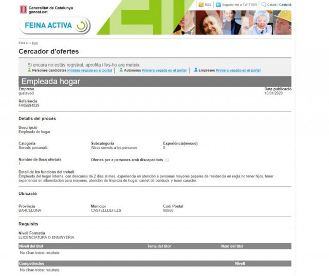 Una oferta de feina busca una empleada de la llar sense fills que lliuri dos dies al mes per 500 euros