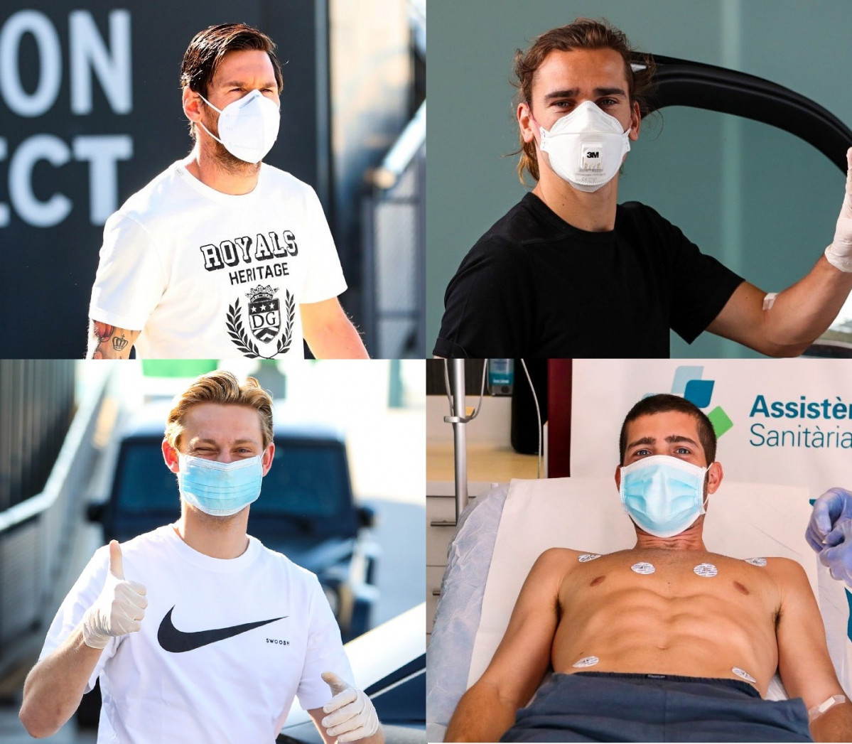 Leo Messi, Antoine Griezmann, Frenkie De Jong y Sergi Roberto en la Ciutat Esportiva Joan Gamper, en el día de test de coronavirus