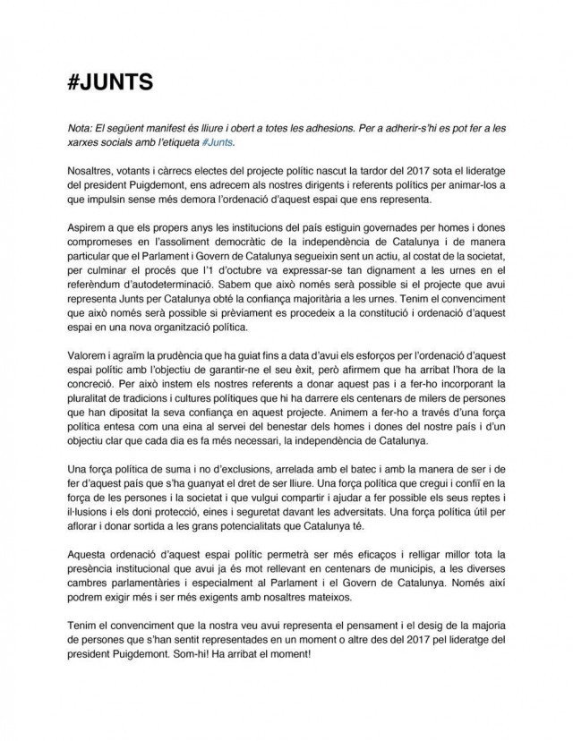 EuropaPress 3210578 manifiesto apoyado dirigentes afines jxcat urge reordenar espacio politico