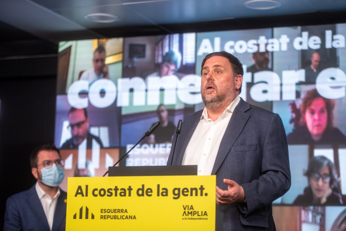 El líder de ERC, Oriol Junqueras, junto al vicepresidente de la Generalitat y candidato republicano a la Presidencia, Pere Aragonès, en un acto telemático de campaña.
