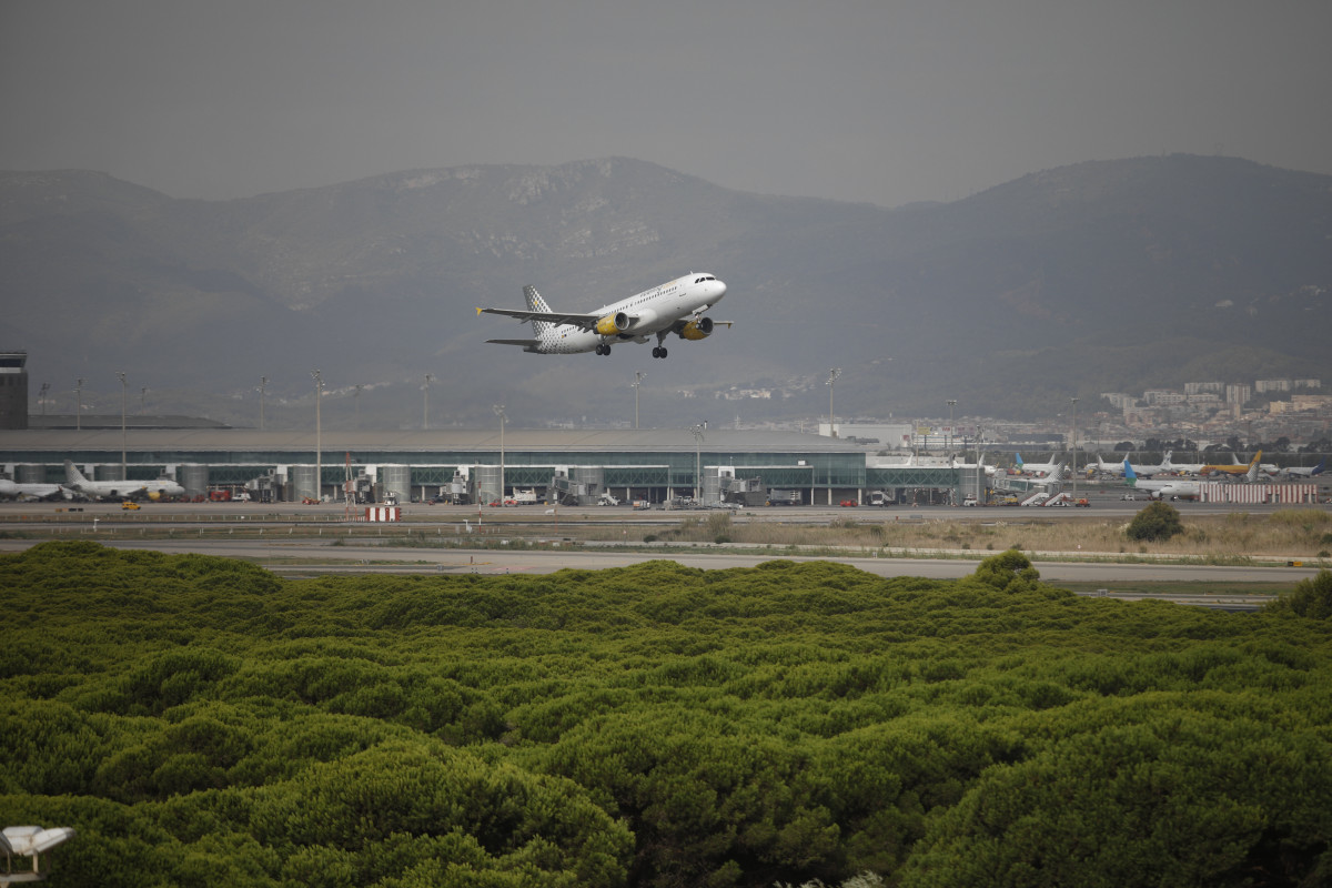 Un avión vuela por el espacio protegido de la Ricarda, en El Prat de Llobregat, a 9 de septiembre de 2021