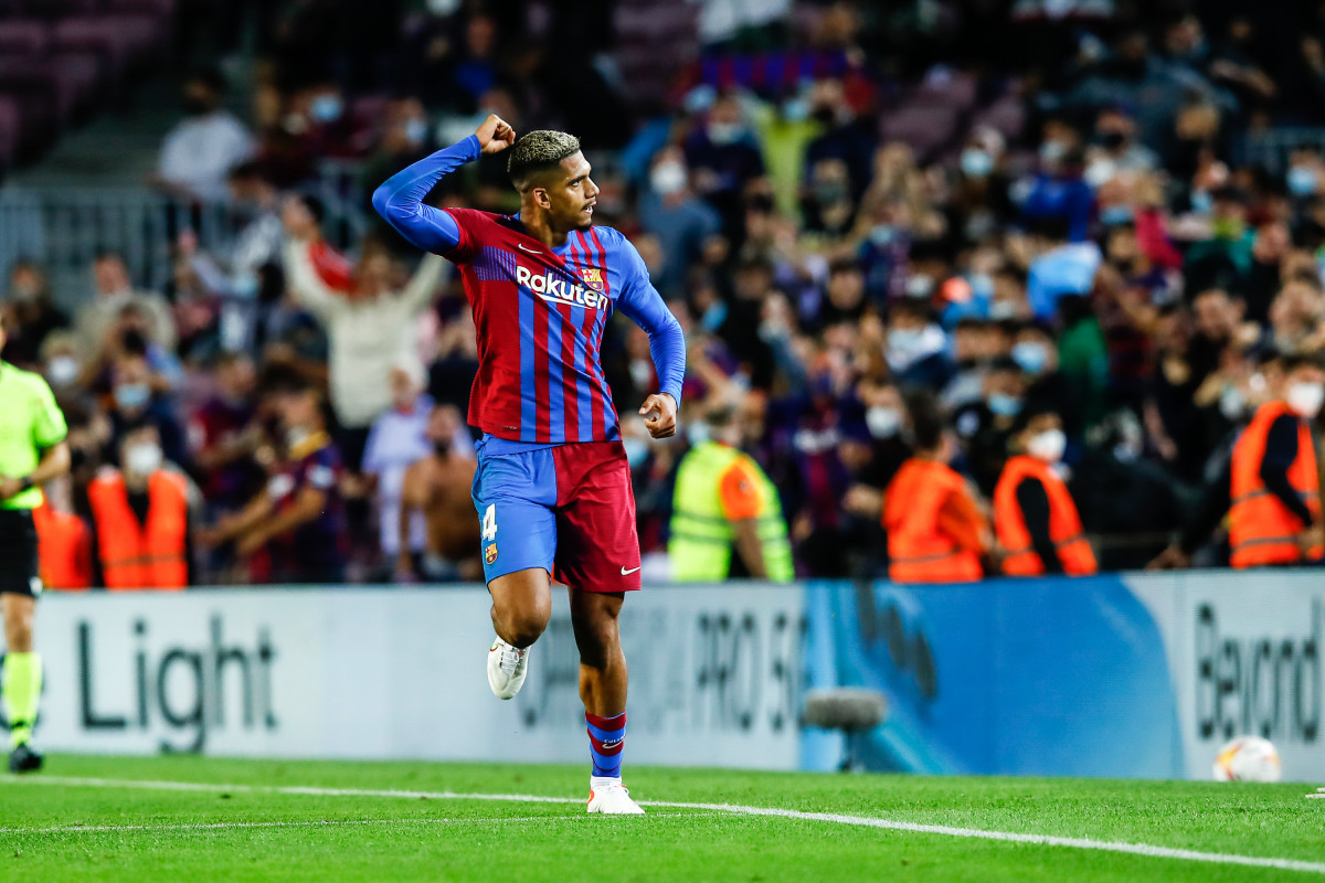 04 Ronald Araujo of FC Barcelona celebrates a goal during the spanish league, La Liga Santander, football match played between FC Barcelona and Granada CF at Camp Nou stadium on September 20, 2021, in