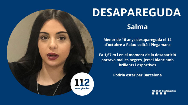Els Mossos demanen ajuda per trobar la Salma, una menor de 16 anys desapareguda