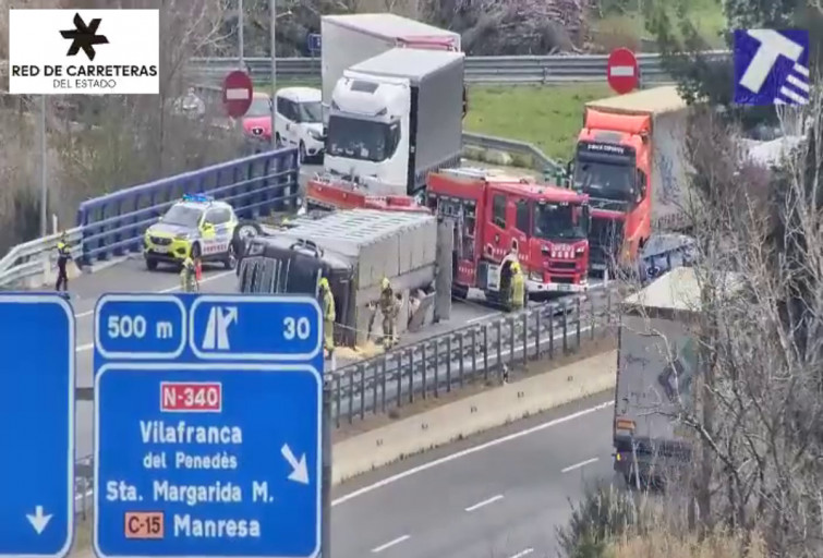 Caos a l'AP-7: l'autopista, tallada després que bolqui un camió que transportava porcs