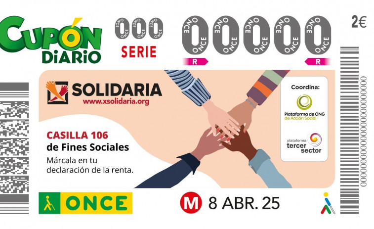 El cupó de la ONCE del 8 d'abril fa una crida a marcar la 'X Solidària' en la Declaració de la Renda