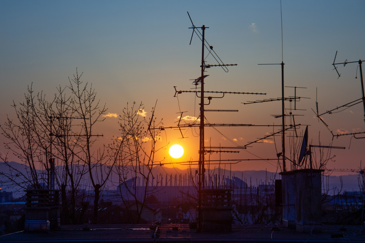 Imagen de arboles y siluetas de antena de television en el techo durante la puesta de sol en zagreb en croacia