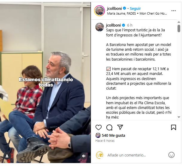 Collboni ho revela a Instagram: el turisme finança serveis com escoles, cultura i neteja