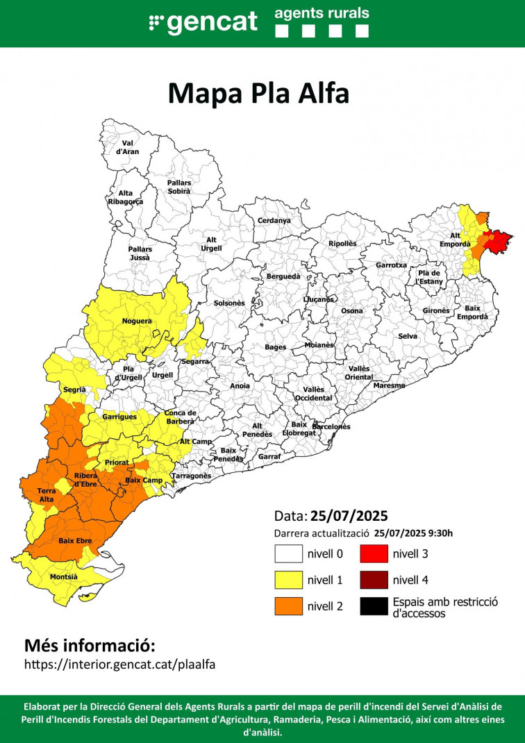 Roses, Cadaqués i el Port de la Selva (Girona) en avís per perill molt alt d'incendi forestal
