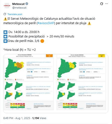 Previsió de tempestes intenses en sis comarques del nord-est de Catalunya