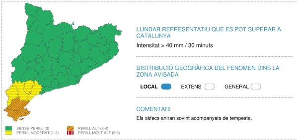 El Montsià i el Baix Ebre, en alerta per pluges intenses aquest dissabte