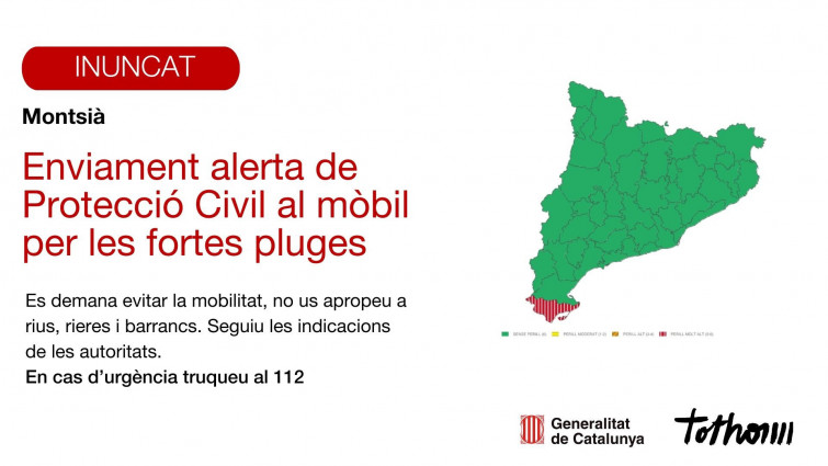 Protecció Civil envia alerta als mòbils del Montsià per risc de pluges torrencials i inundacions