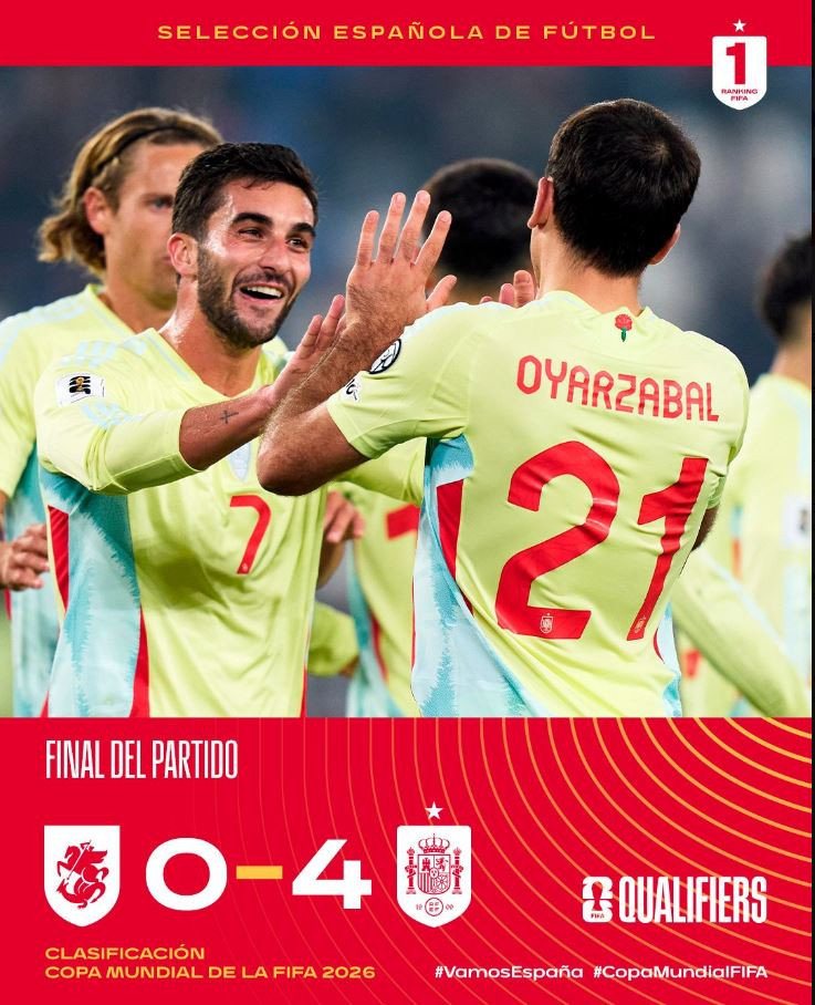 Espanya derrota 0-4 al Geòrgia i gairebé assegura el seu bitllet pel Mundial 2026 amb ple de victòries