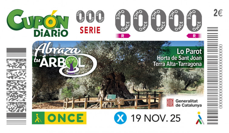 La ONCE dedica el seu cupó al Parot, la majestuosa olivera mil·lenària d'Horta de Sant Joan