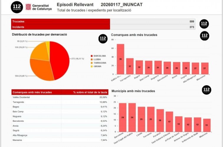 Catalunya registra gairebé 600 trucades d'emergència per pluja i neu