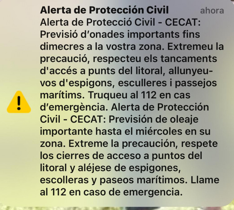 Arriba un missatge Es-Alert a Baix Llobregat, Barcelonès, Maresme i La Selva pel fort onatge