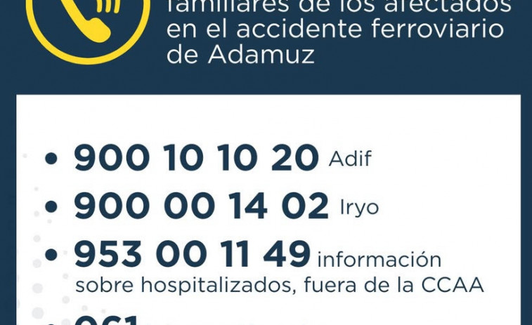 Els telèfons d'atenció per a familiars i afectats per l'accident de Adamuz