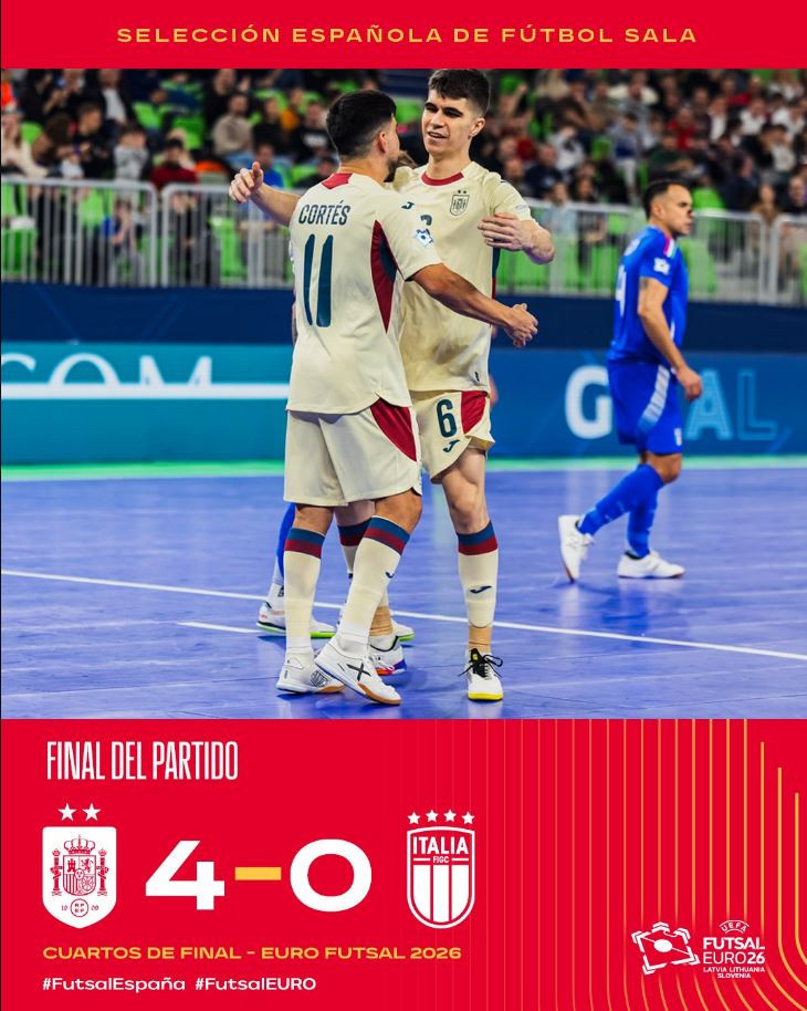 Espanya guanya 4-0 a Itàlia i acaricia les semifinals en un duel històric de l'Eurocopa de futbol sala