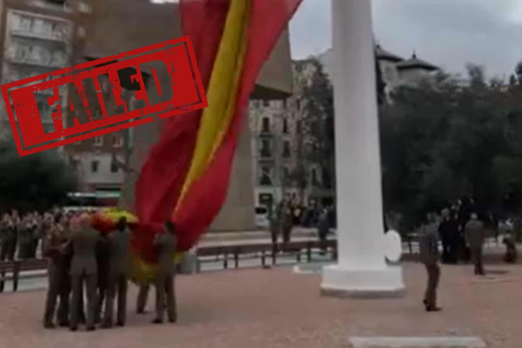 VÍDEO | Tercer “fail” a Madrid: la bandera gegant d'Espanya torna a caure