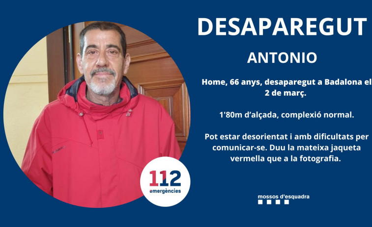 Busquen a Antonio García, un home de 66 anys amb Alzheimer desaparegut a Badalona