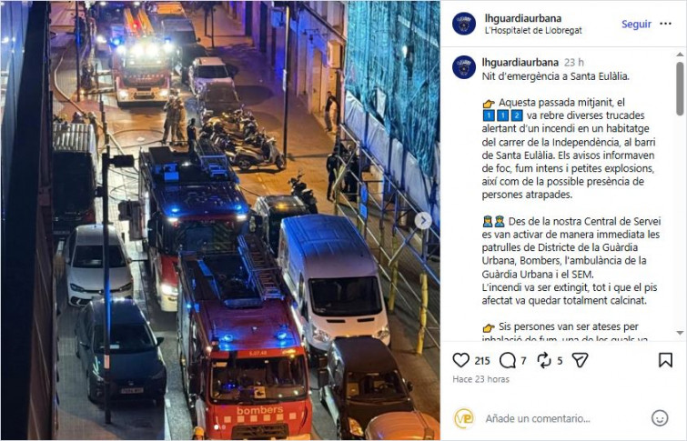 Un incendi en la matinada del dissabte en el barri Santa Eulàlia de l'Hospitalet calcina un habitatge