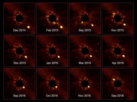 El VLT de l'ESO ha capturat les imu00e1genes l'exoplaneta Beta Picoris b voltant de l'estrella Beta Pictoris. Cru00e9ditos ESO