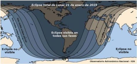 Zones de visibilitat de l'eclipsi de Lluna del 20 al 21 de gener 2019
