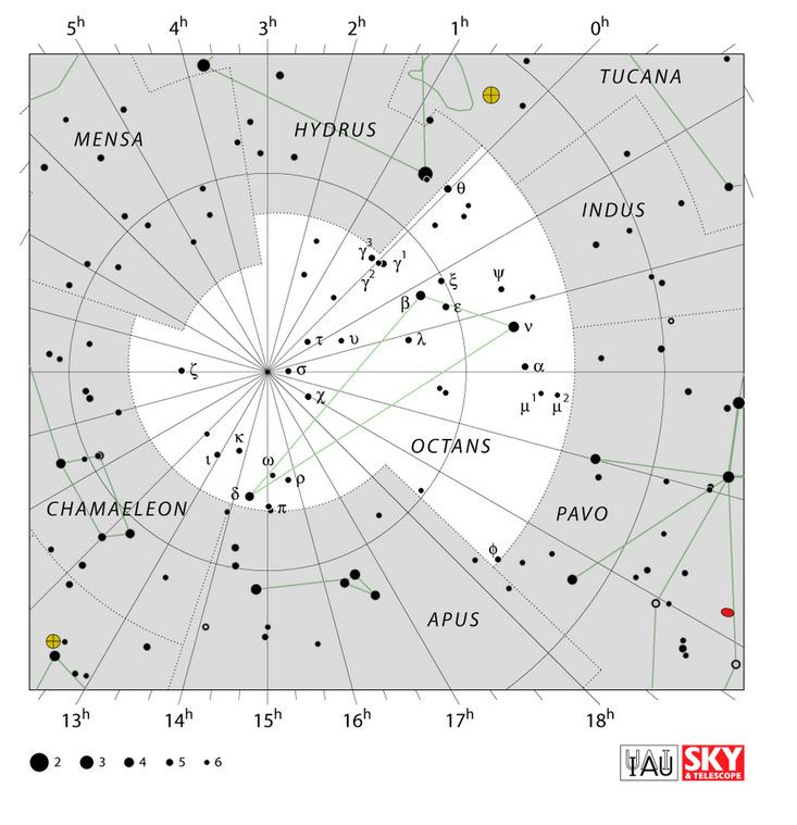 Punt que marca el pol sud del firmament juntament a la constelaciu00f3n del Octant, imatge de la Uniu00f3n Astronu00f3mica Internacional.