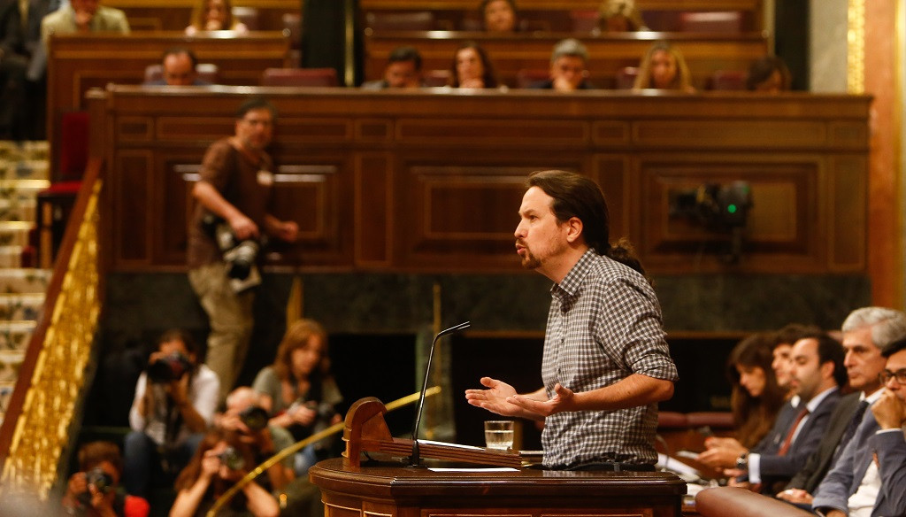 El secretari general de Unides Podem, Pablo Iglesias, intervé des de la tribuna del Congrés dels Diputats