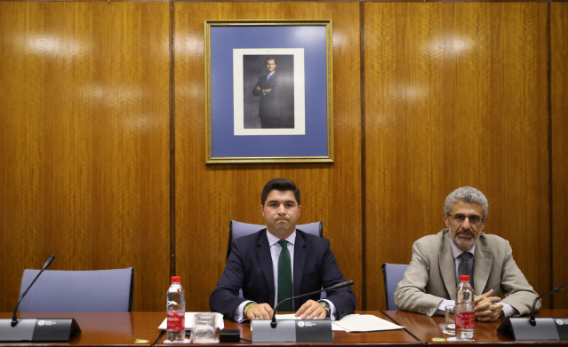 Los máximos responsables no han acudido hoy a la comisión de la Faffe. En la imagen, el presidente de la referida comisión, Enrique Moreno (i), junto al asiento vacío destinado a los comparecientes.