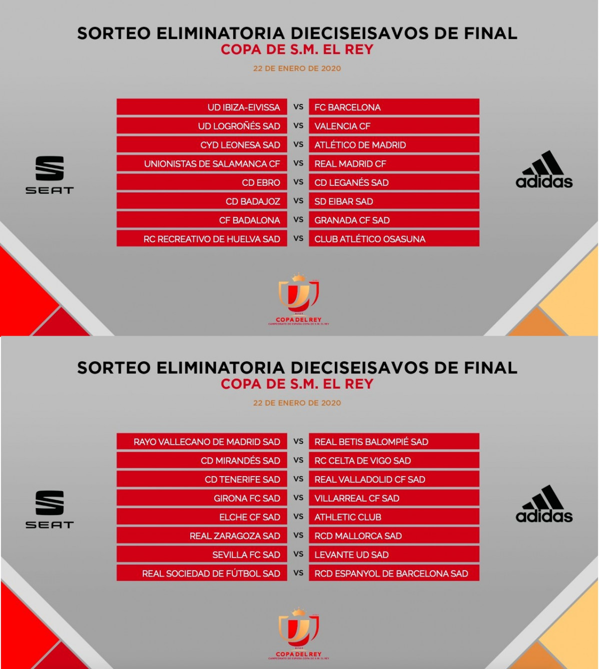 Aparellaments dels setzens de final de la Copa d'el Rei 2020 gru00e1fico complet