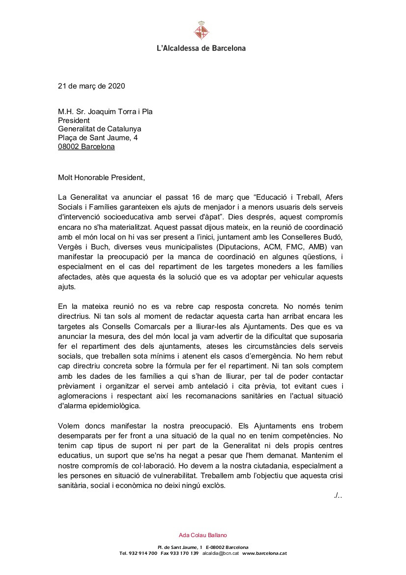 Carta de l'Ajuntament de Barcelona I ALTRES 49 Ajuntaments catalans a president de la Generalitat, Quim Torra, per Demanar coordinació sobre els beques menjador Davant el coronavirus: enviada el 21 de març de 2020