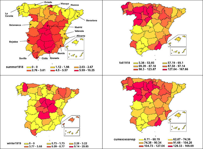 Chowell2014 1918 influença excess mortality in Spain map
