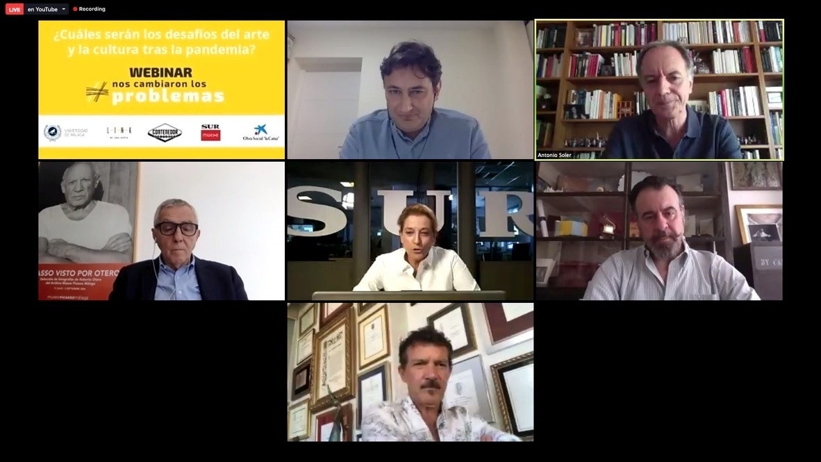 Trobada virtual entre l'actor i productor Antonio Banderas; el baríton Carlos Álvarez, l'escriptor Antonio Soler, i el director artístic del Museu Picasso, José Lebrero.