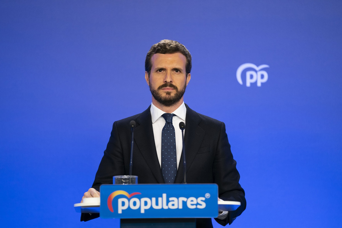 El president de PP, Pablo Casado, en una roda de premsa a Gènova.