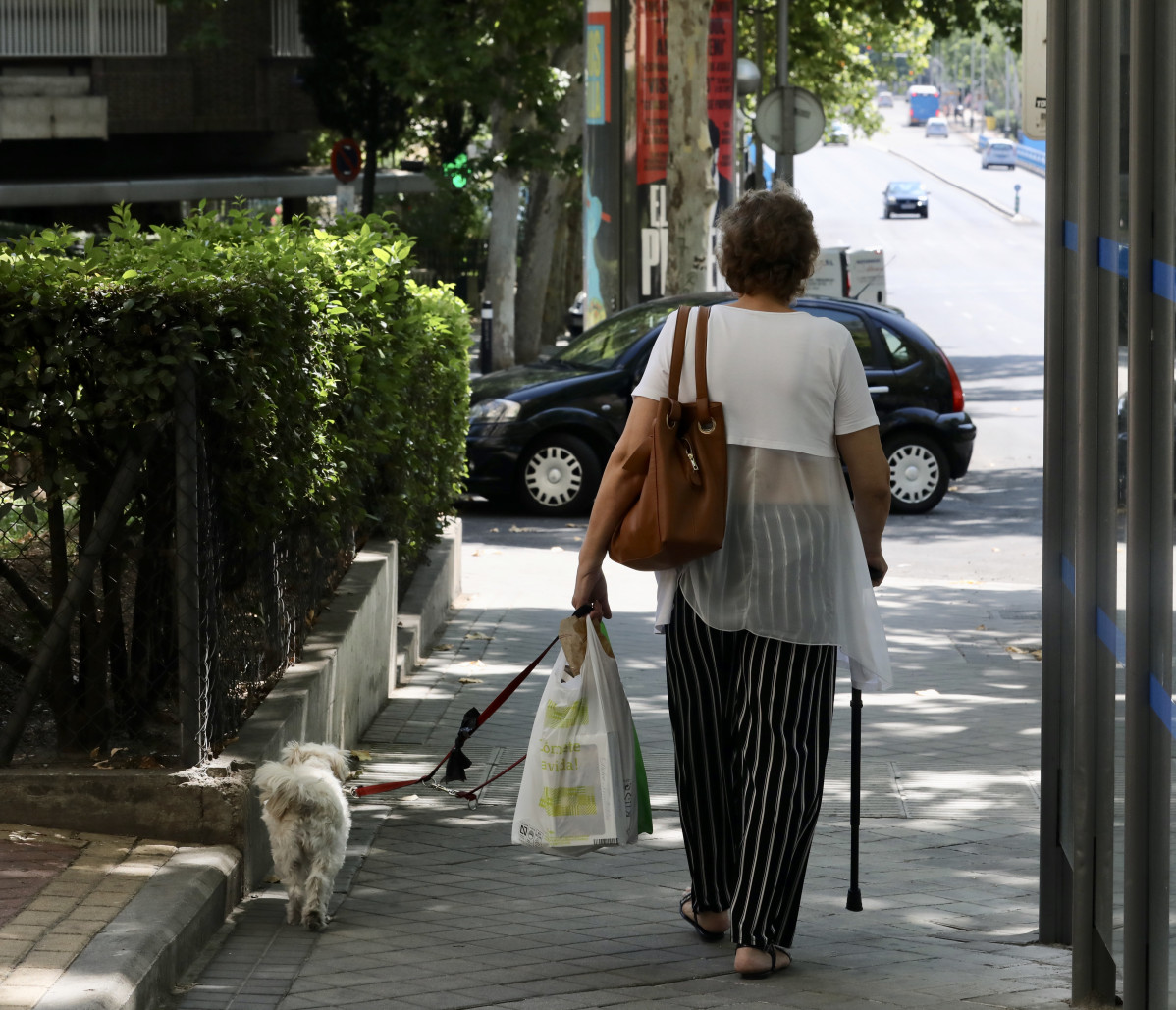 Una dona de la tercera edat, passeja amb el seu gos per un carrer de Madrid.