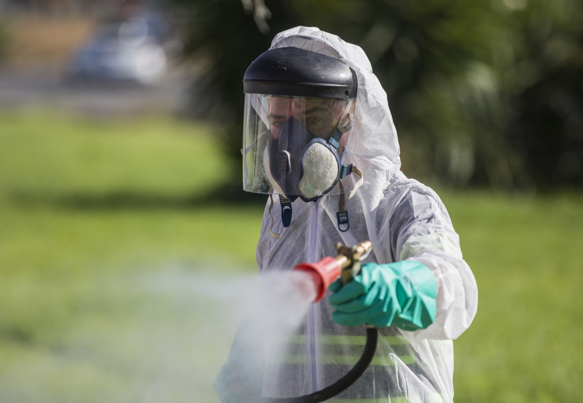 Un treballador durant les tasques de fumigació contra els mosquits causants de virus de Nil a Coria de el Riu (Sevilla)
