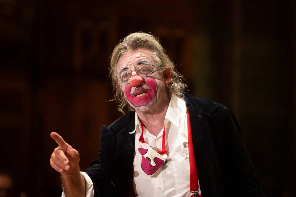 El pallasso Tortell Poltrona durante el pregó de la Mercè 2020 a Barcelona, Catalunya (Espanya), a 23 de setembre de 2020. El pallasso professional Tortell Poltrona --pseudònim artístic de Jaume Mateu? És el pregoner de les festes de la Mercè de Barcelo