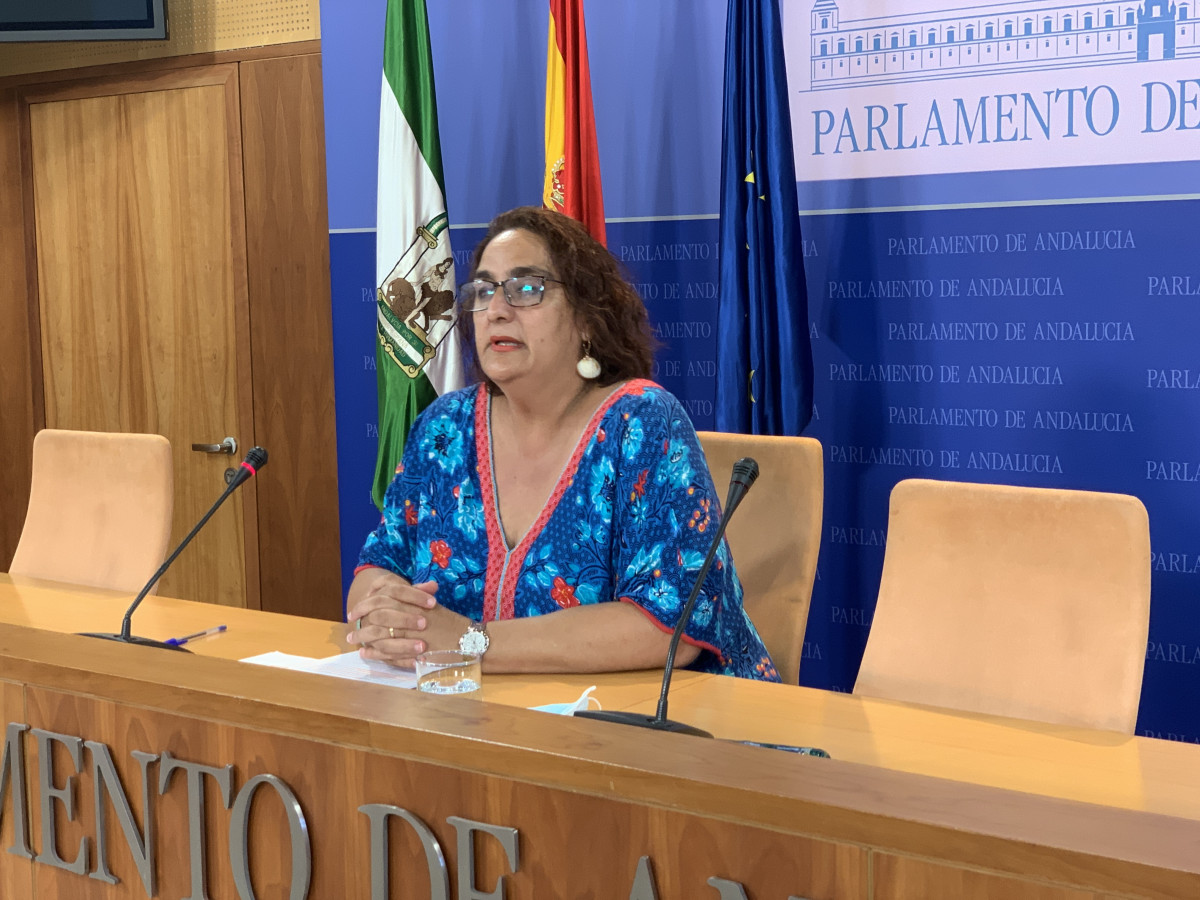 La portaveu adjunta de Endavant Andalusia, Ángela Aguilera, en roda de premsa