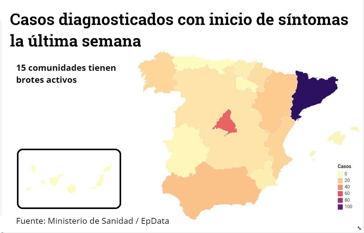 Mapa dels rebrots: L'aparició de l'brot a Madrid situa ja a 15 comunitats autònomes amb focus actius.