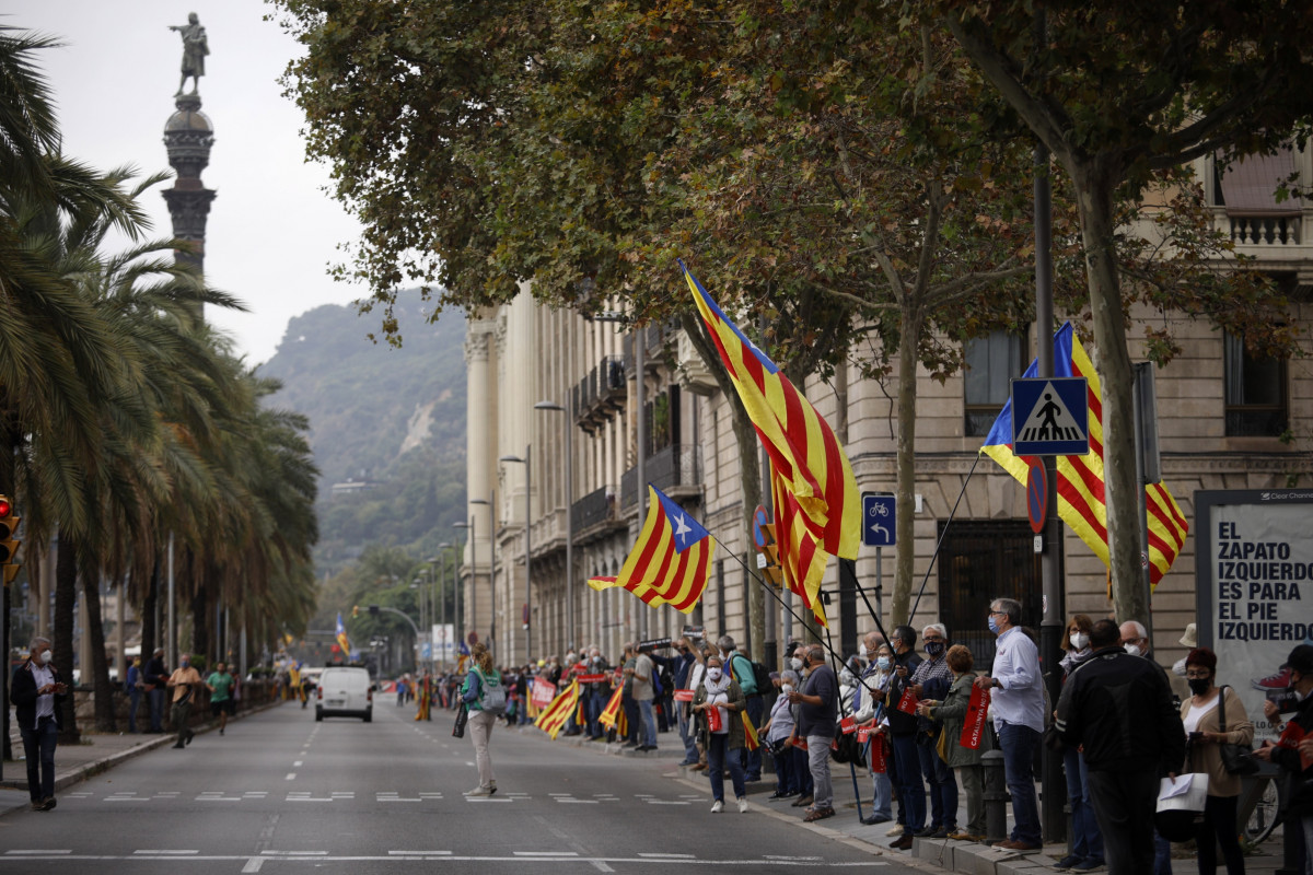 Manifestants independentistes formen una cadena humana en protesta per la visita d'Rei a Barcelona entre el monument de Colom i el Pla de Palau, a Barcelona 9 d'octubre de 2020.