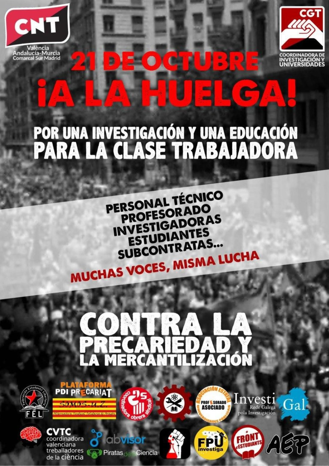 Cartell de convocatòria de vaga de les universitats i centres de recerca per a aquest dimecres 21 d'octubre