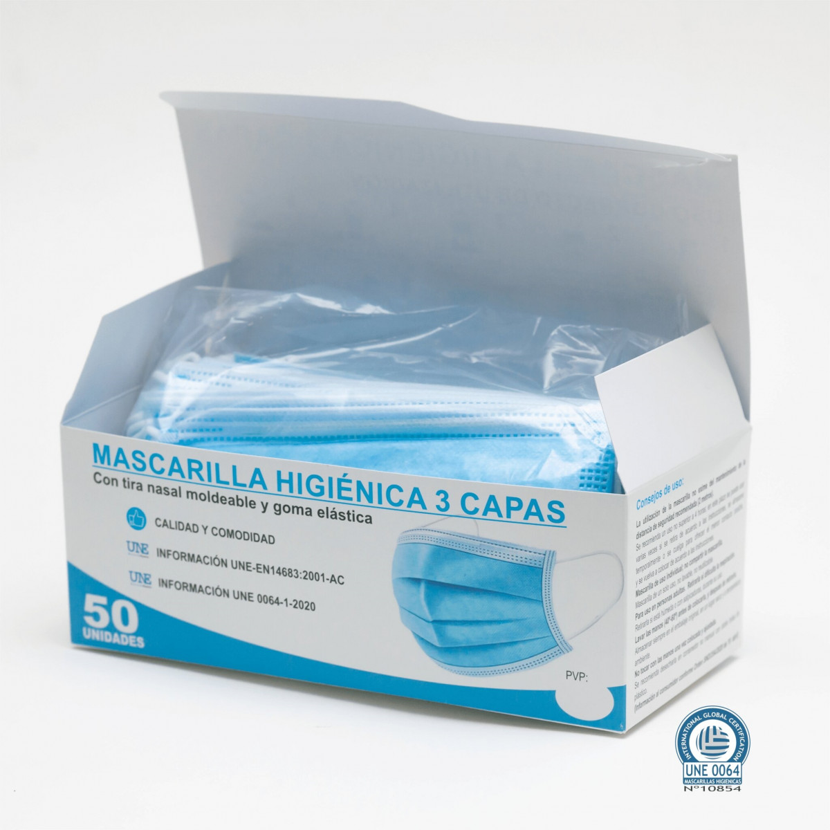 Imatge d'un pack de màscares higièniques de tres capes.