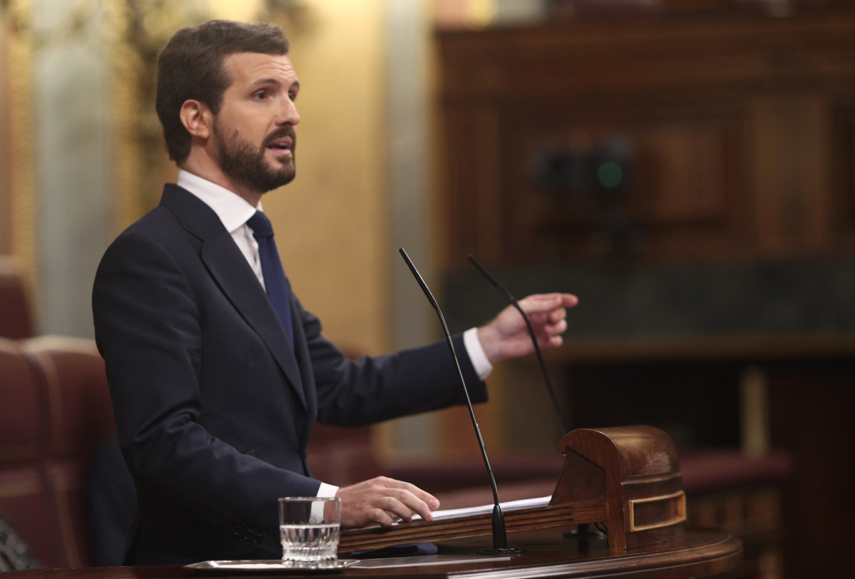 El president de PP, Pablo Casado, intervé durant la segona sessió de ple en el qual es debat la moció de censura plantejada per Vox.