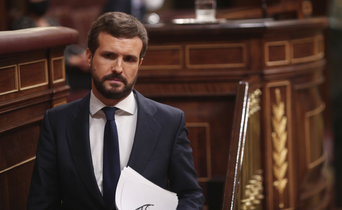 El president de PP, Pablo Casado, després de la seva intervenció durant la segona sessió de ple en el qual es debat la moció de censura plantejada per Vox, al Congrés dels Diputats, Madrid (Espanya), a 22 d'octubre de 2020.