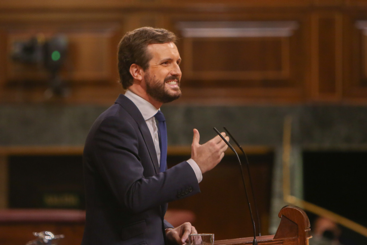 El líder de PP, Pablo Casado, en una Sessió plenària a la qual el Govern espanyol SOL·LICITA a al Congrés la pròrroga de l'Estat d'alarma. Madrid, (Espanya), 29 d'octubre de l'any 2020.