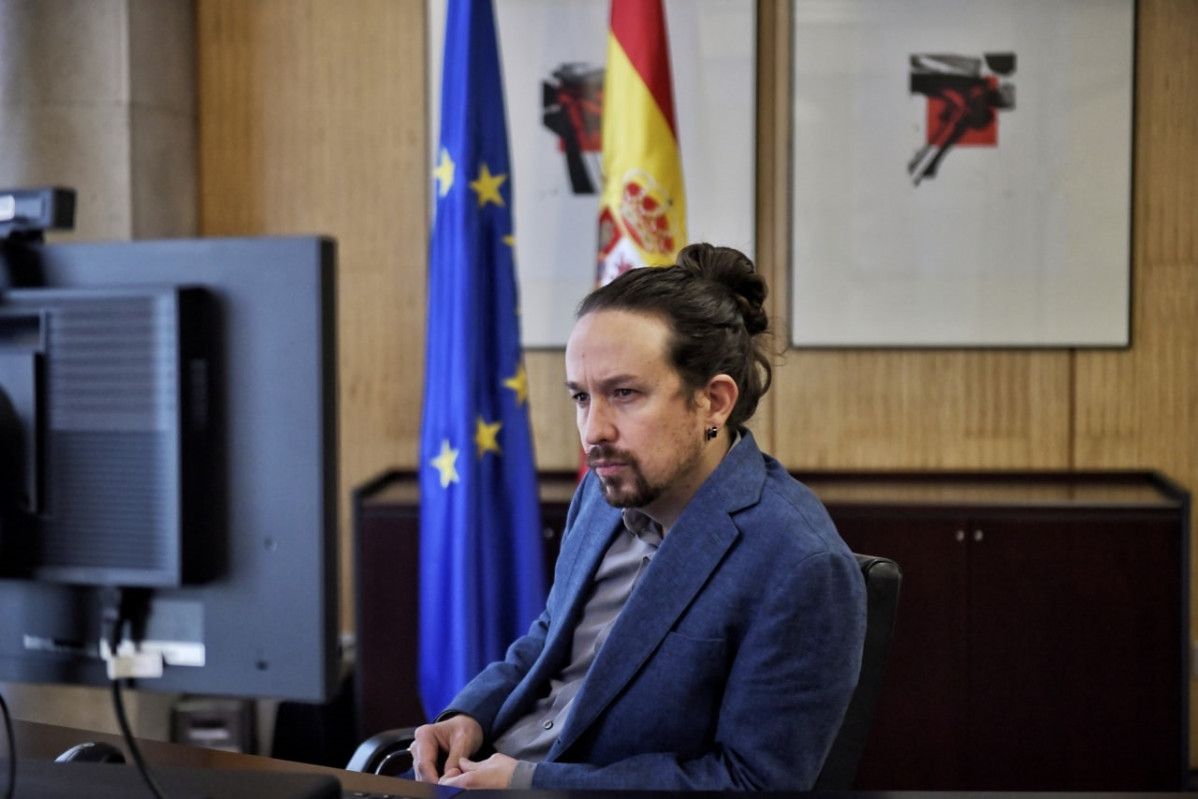 El vicepresident segon de Govern, Pablo Iglesias, durant una reunió amb el president de Parlament Europeu, David Sassoli.