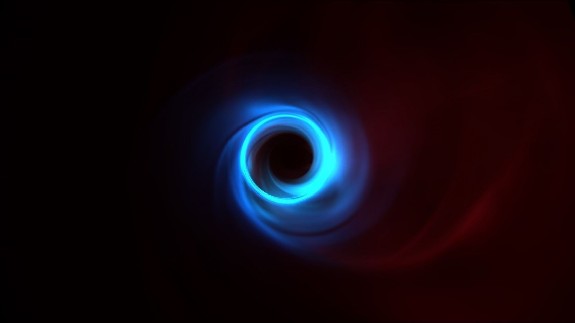 Simulació de l'forat negre M87 que mostra el moviment de l'plasma mentre gira al voltant de l'forat negre. L'anell prim i brillant que es pot veure en blau és la vora del que anomenem l'ombra de l'forat negre.