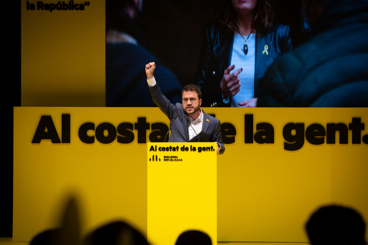 El vicepresident de la Generalitat en funcions i candidat d'ERC, Pere Aragonès, en el míting d'inici de campanya d'ERC.
