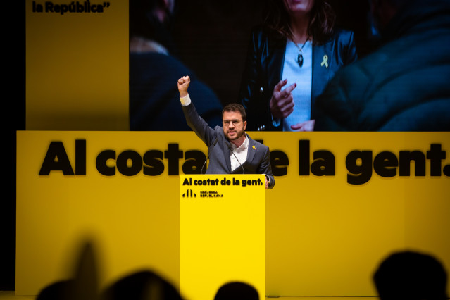 El vicepresidente de la Generalitat en funciones y candidato de ERC, Pere Aragonès, en el mitin de inicio de campaña de ERC.